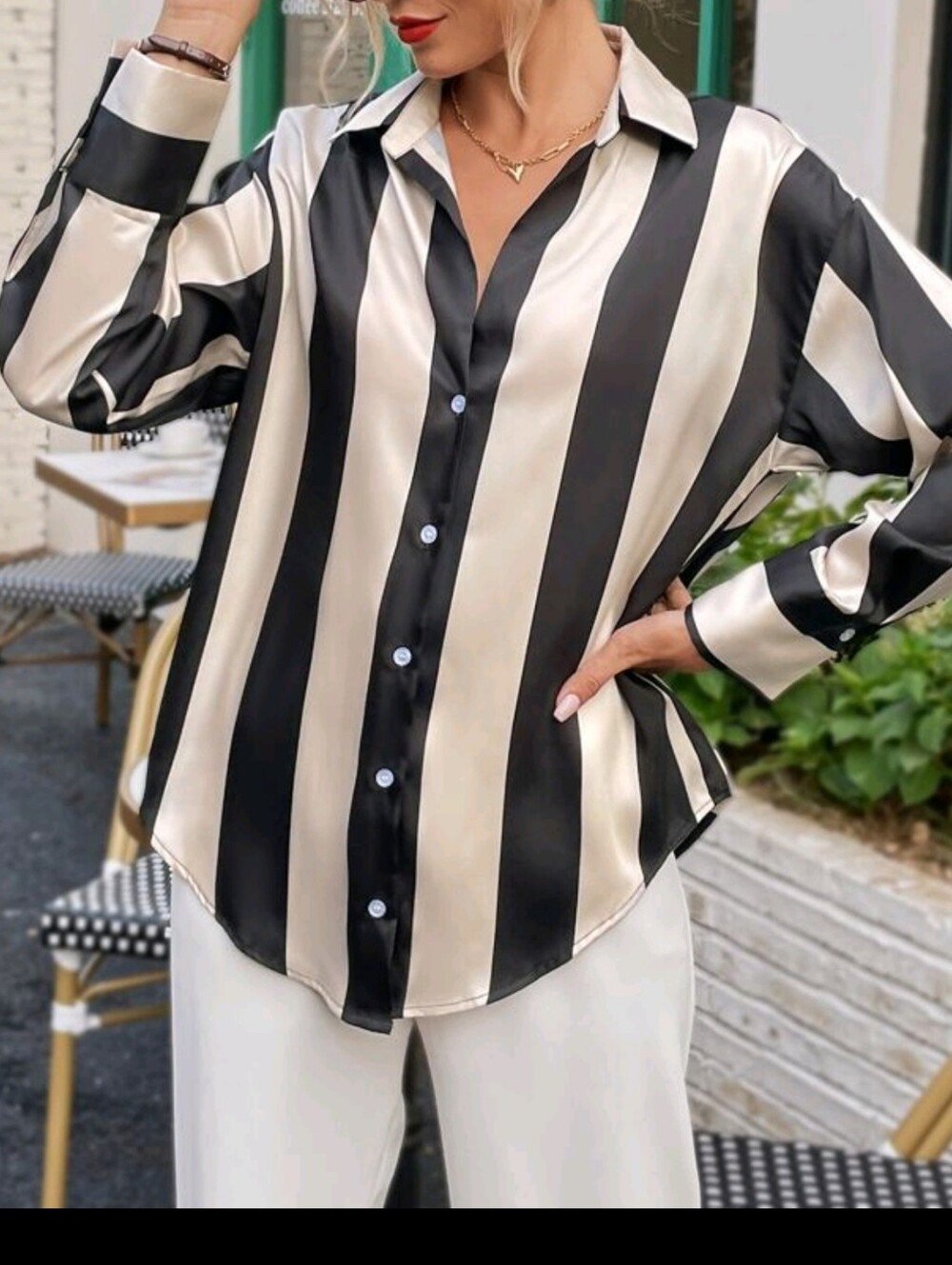 SHEIN Black and Cream Vertical Stripe Button-Down Shirt
